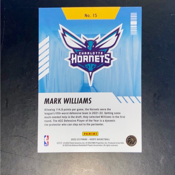 Mark Williams - Arriving Now Insert 2022-23 Panini Hoops #15 - Picture 2 of 2